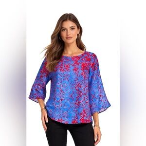 Ann Mashburn Size S 100% Silk  High Low Blouse Top Blue Red 3/4 Sleeve USA